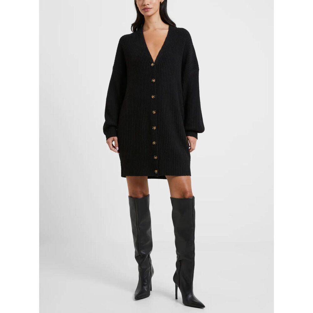 French Connection Vhari Ribbed Button-Down Sweater Dress Black Small